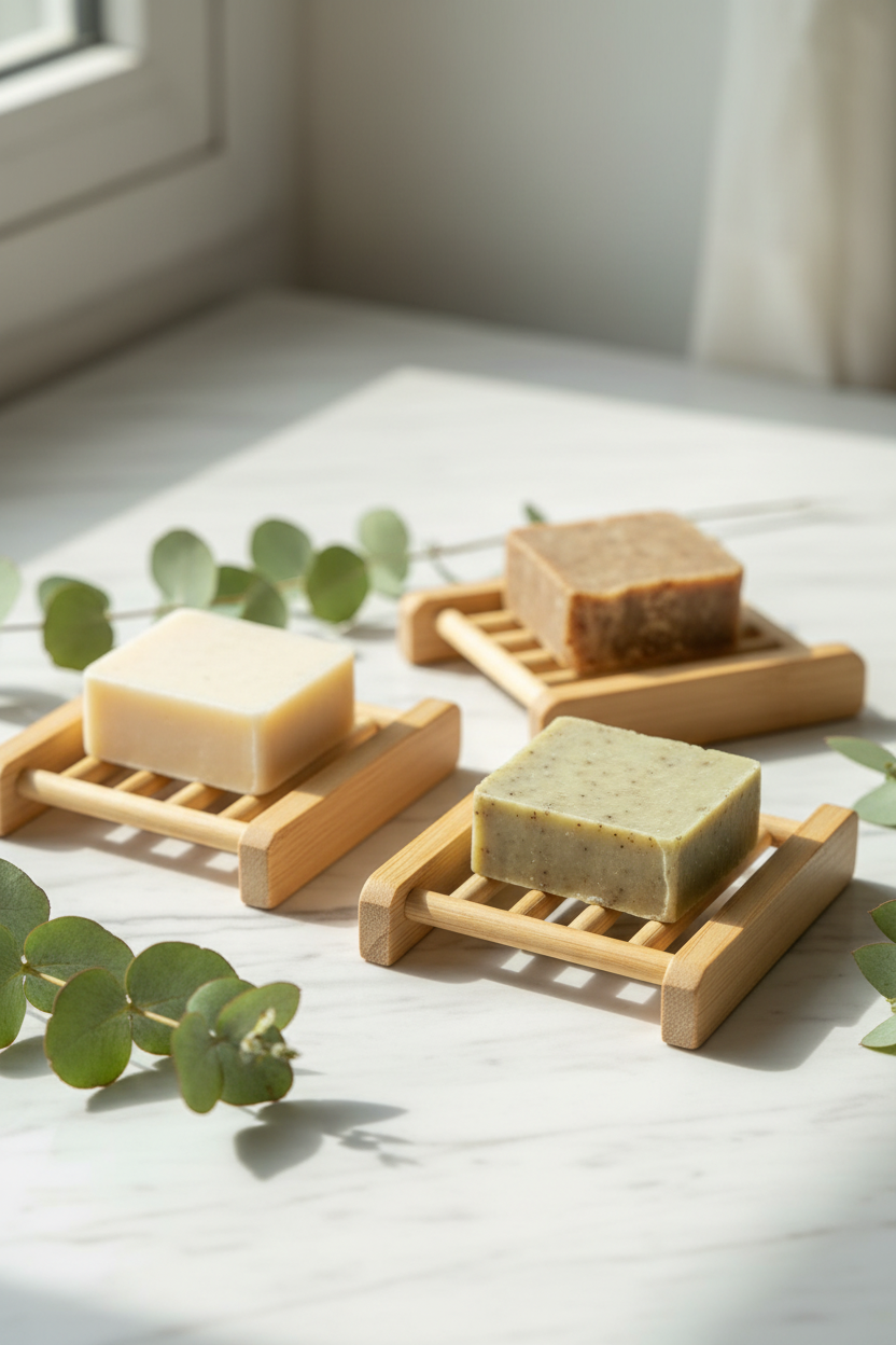 Bamboo soap drying racks styled with natural soap bars and eucalyptus leaves