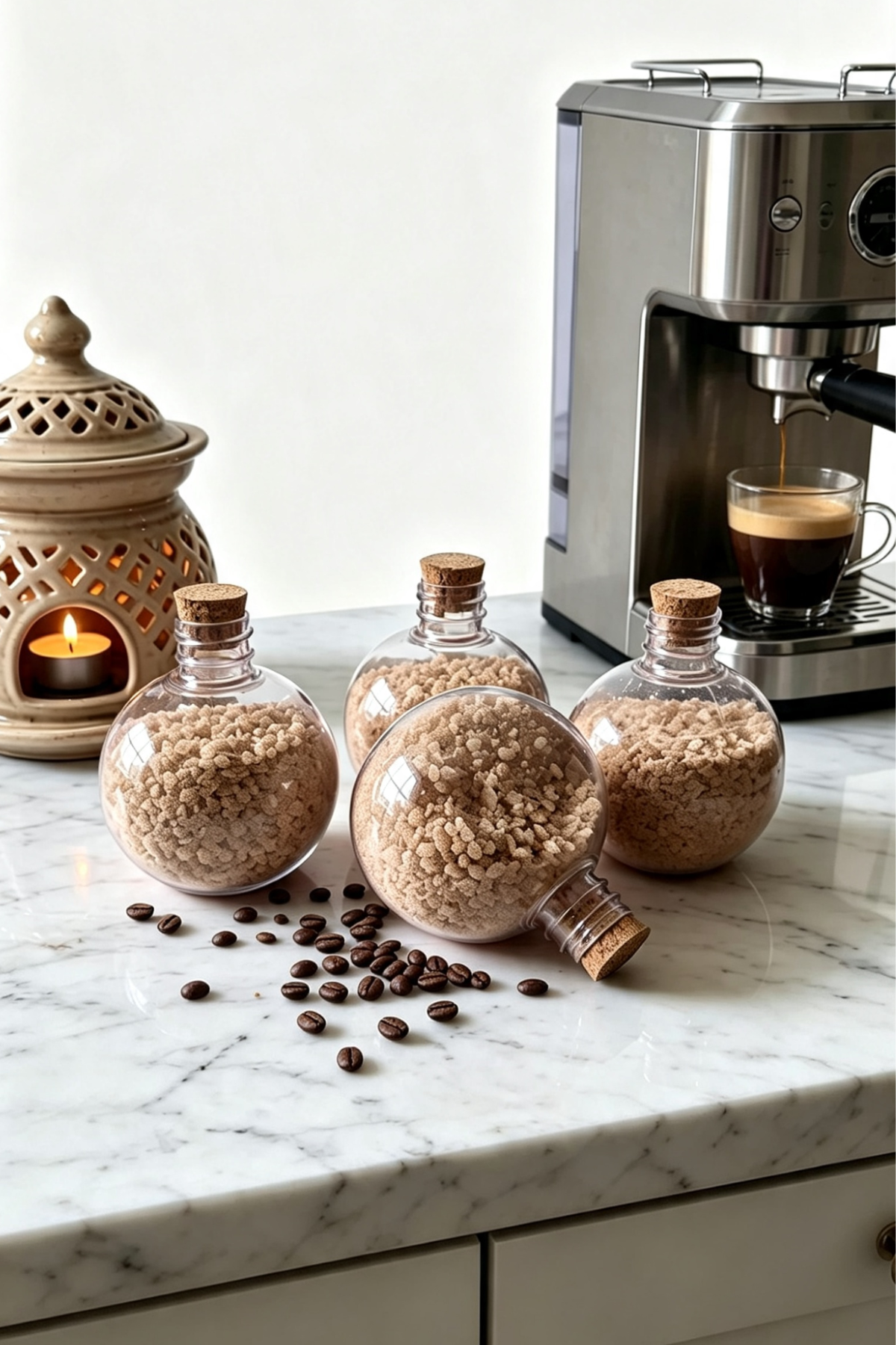 Four clear plastic bottles with cork stoppers filled with light brown grains or coffee beans, arranged on a white marble countertop with scattered coffee beans. A lit decorative lantern is on the left, and a stainless steel espresso machine with a cup of espresso is on the right.