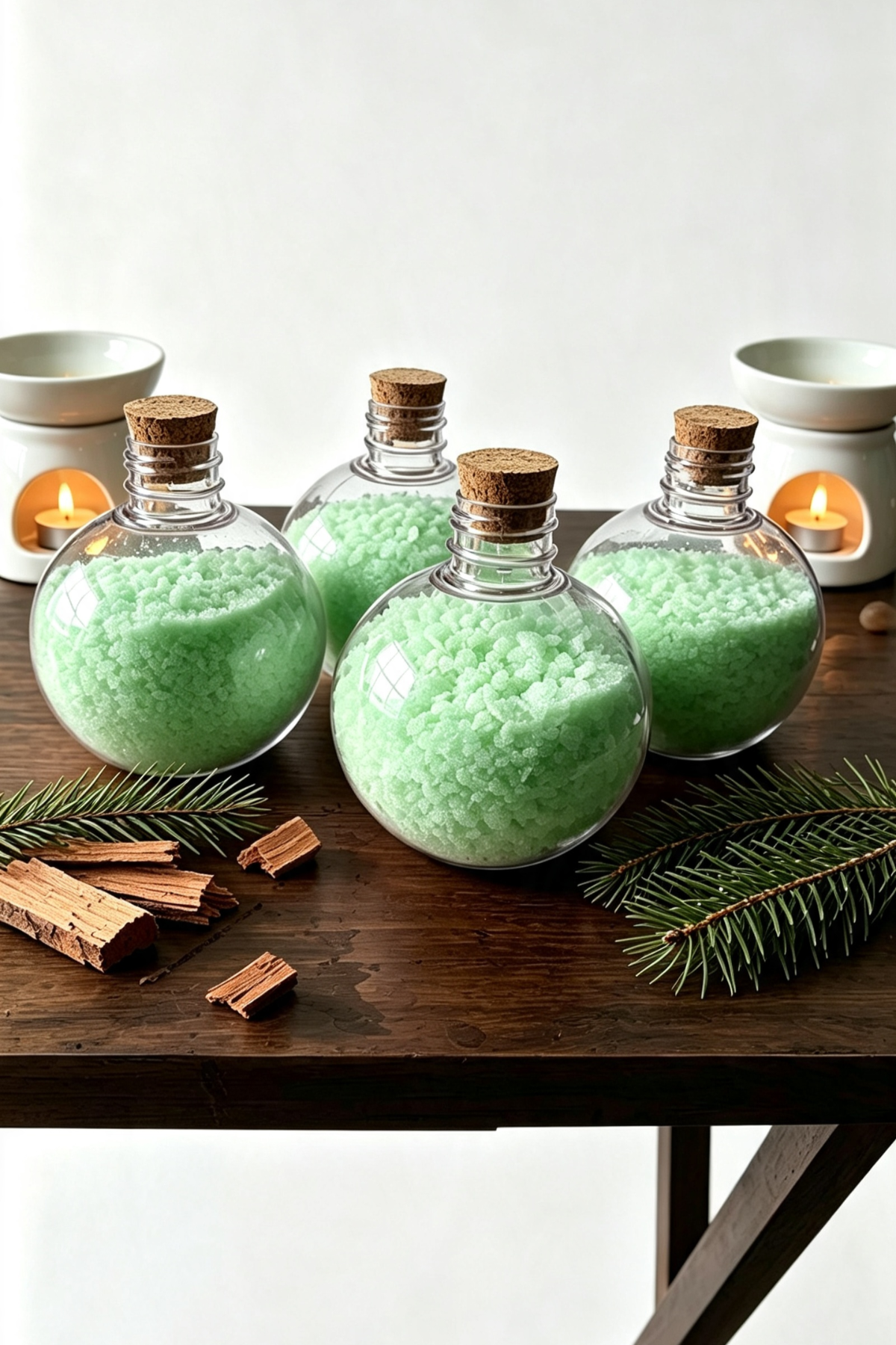 Four round plastic bottles filled with pale green bath salts, sealed with cork stoppers, arranged on a dark wooden table with pine branches, cinnamon sticks, and lit candles in the background.
