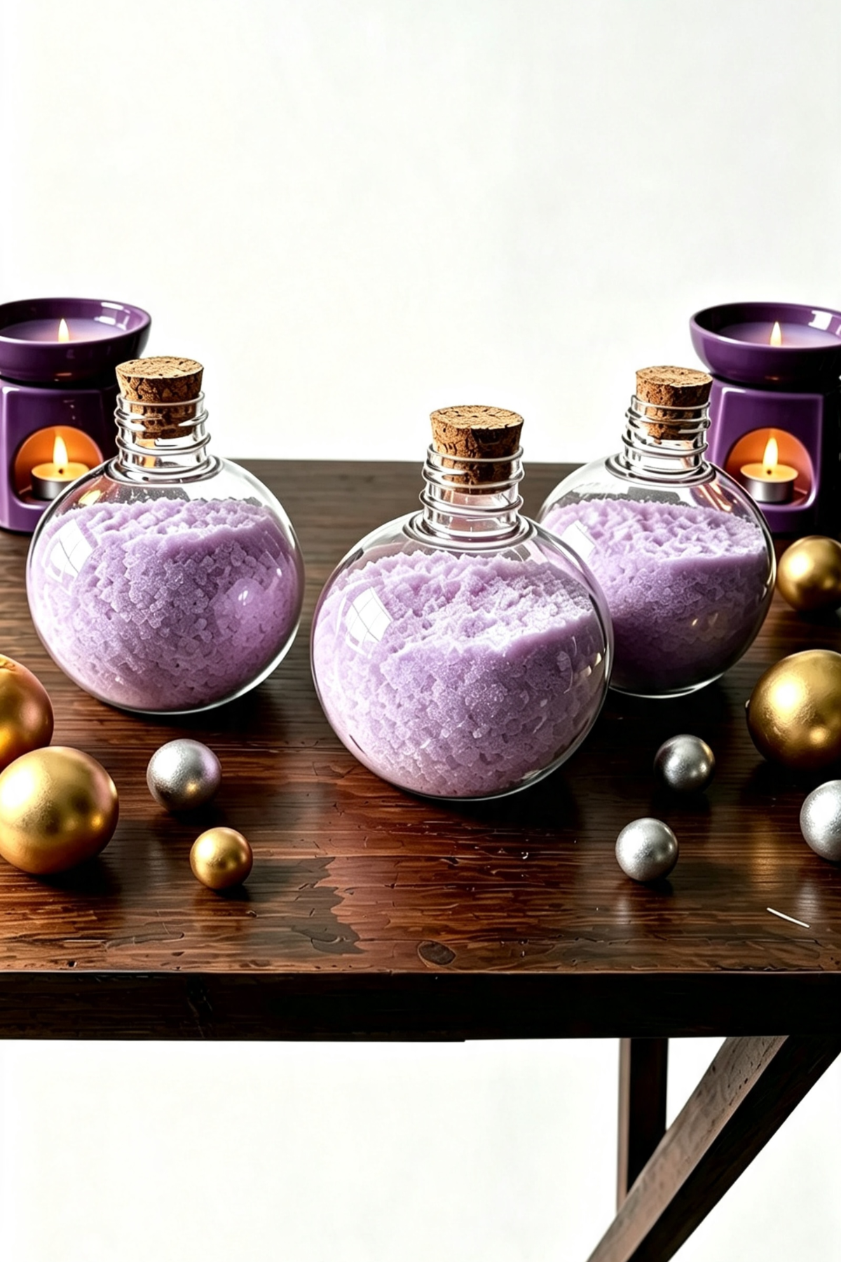 Three round plastic bottles filled with lavender bath salts, sealed with cork stoppers, arranged on a dark wooden table with candles and metallic ornaments in the background.