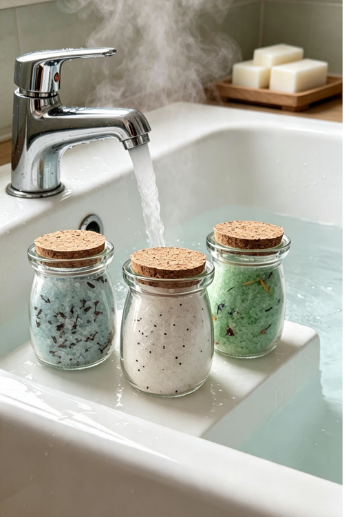 3 glass jars with cork stoppers sitting on the edge of a white bath with hot steamy water coming out of a steel tap