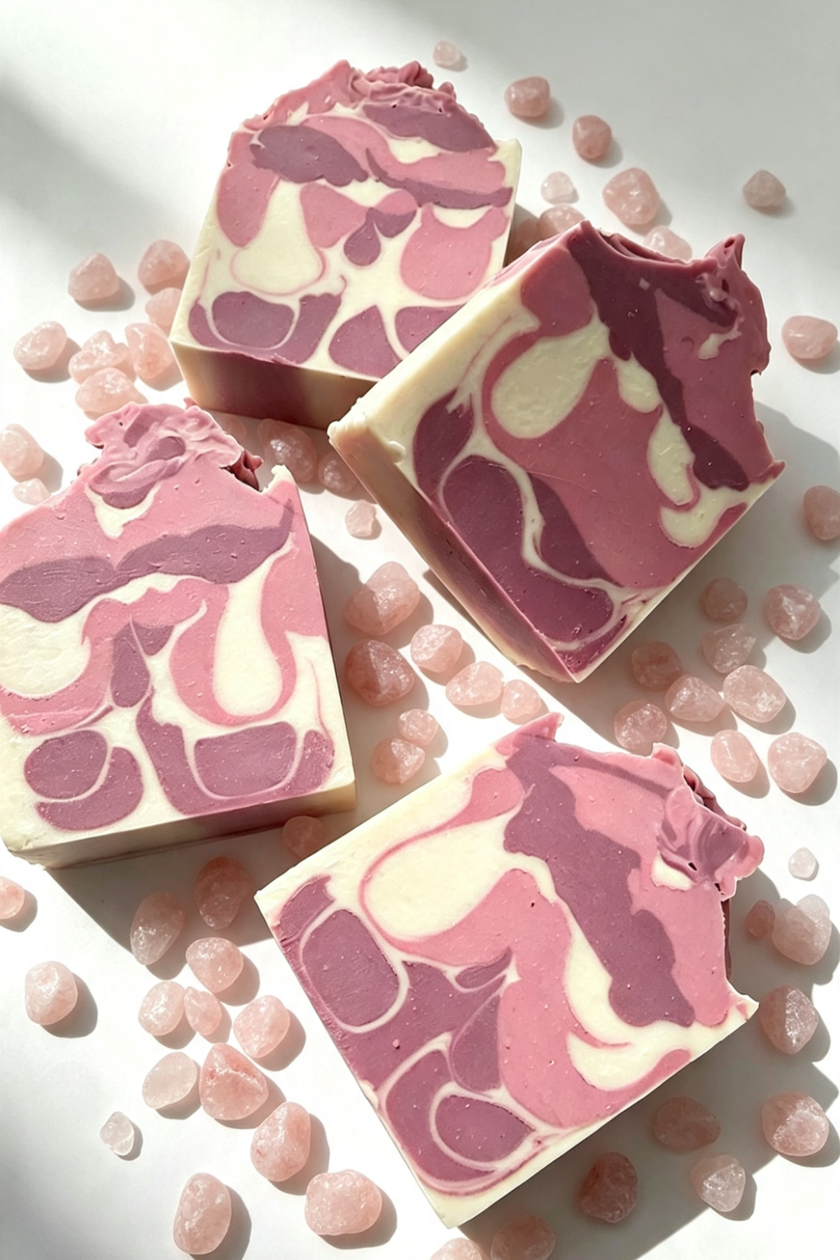 Four rectangular bars of marbled pink and cream soap arranged on a white surface with scattered pink stones. The soap has a swirled pattern in shades of dusty pink, mauve, and warm off-white.