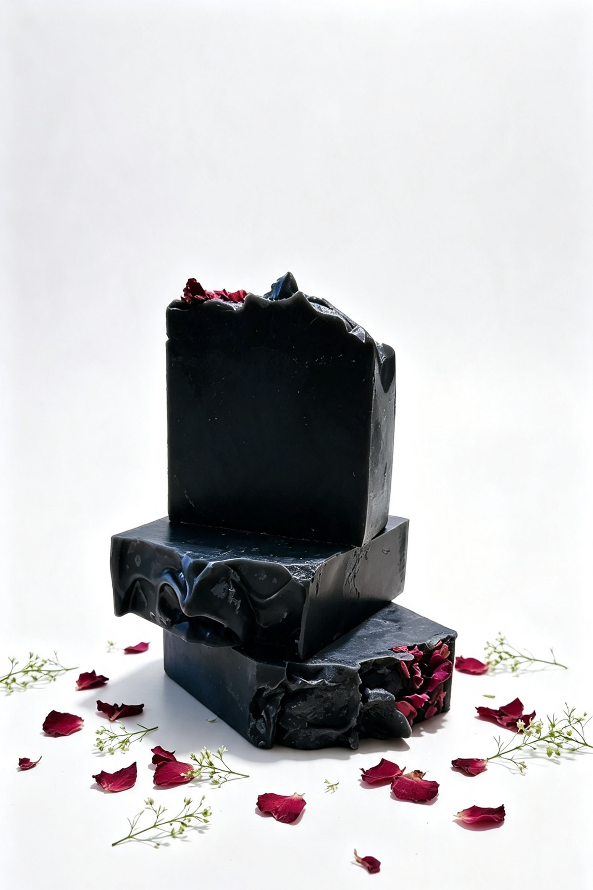 Three stacked rectangular bars of dark soap with rough, cracked edges, decorated with scattered red rose petals and small white flowers on a clean white background.