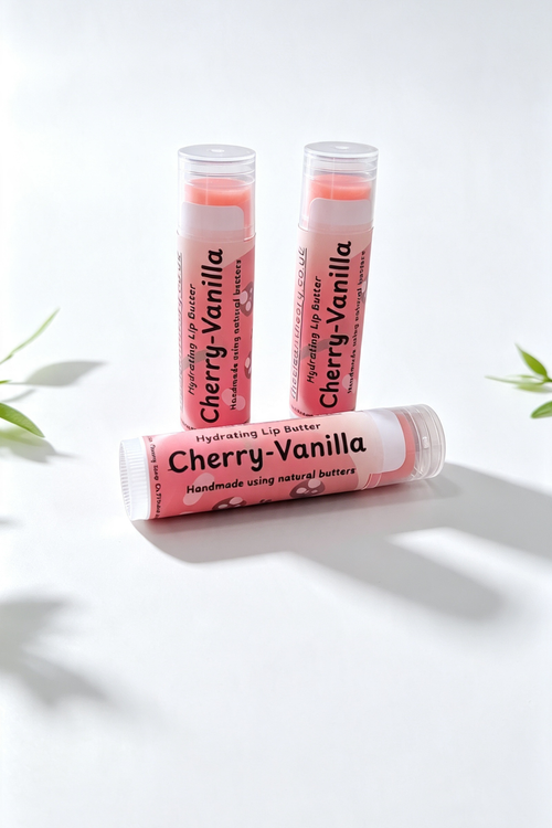 3 lip balm sticks on a white background surrounded by sprigs of green leaves