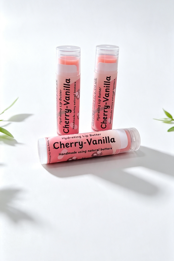3 lip balm sticks on a white background surrounded by sprigs of green leaves