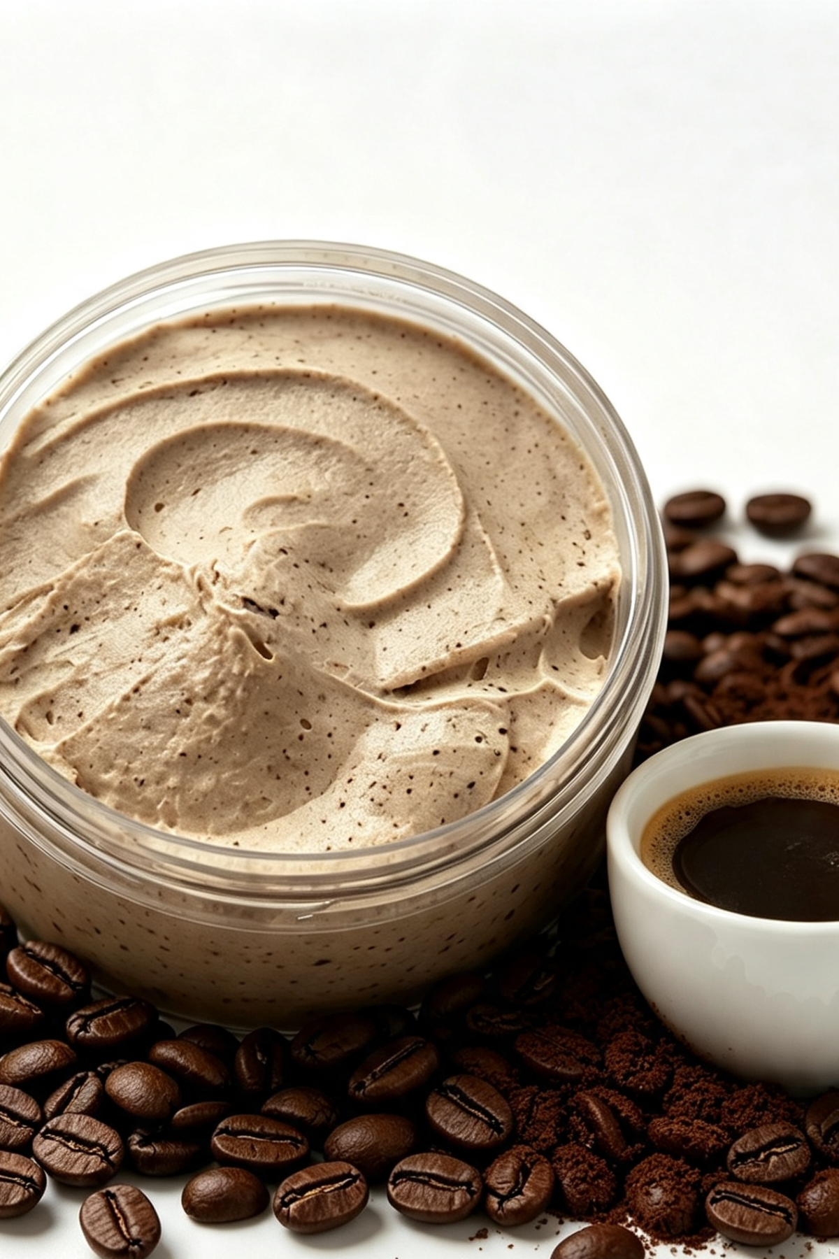 A clear jar filled with light brown whipped cream or frosting, surrounded by scattered coffee beans and a small white cup of dark coffee on a white background.