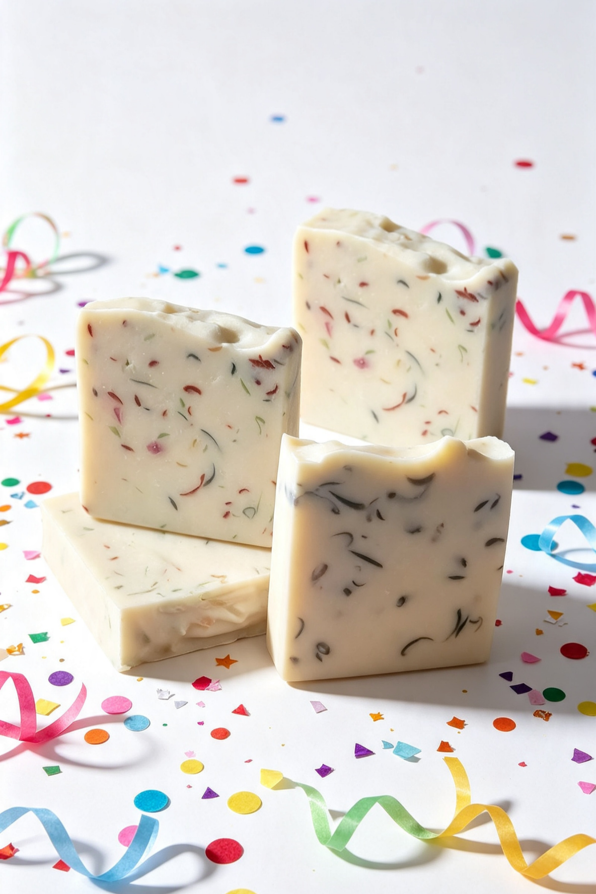 Four bars of handmade soap with colorful botanical inclusions, arranged on a white surface scattered with festive confetti and paper streamers.