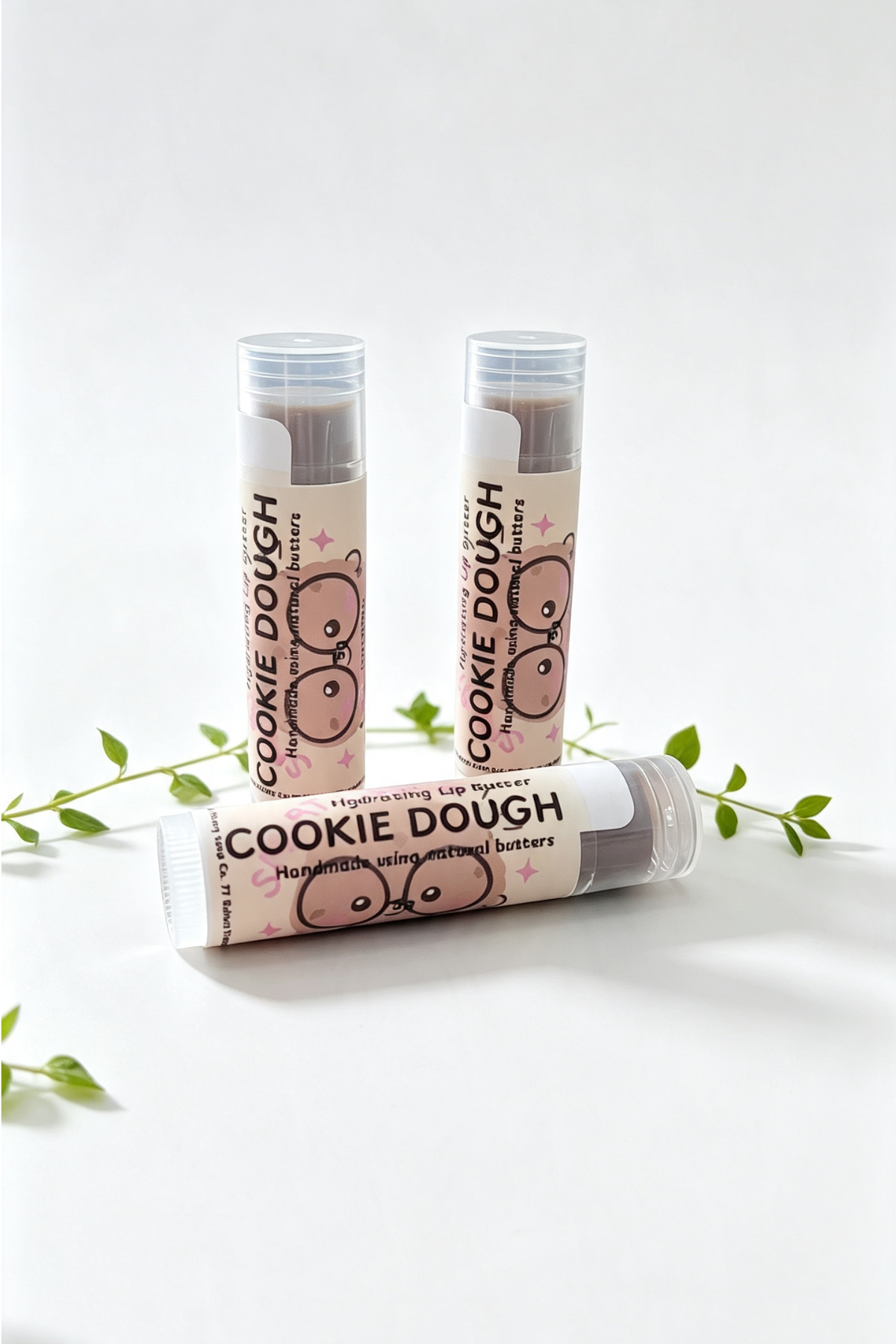 3 lip balm sticks on a white background surrounded by sprigs of green leaves