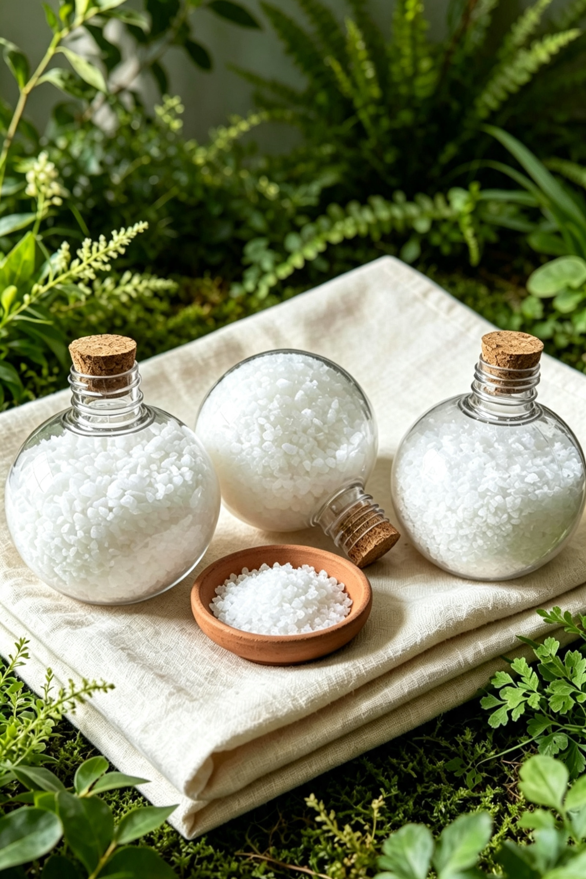 Three round clear glass plastic bottles with cork stoppers filled with white coarse  salts, arranged on a folded cream linen cloth with a small clay dish of salt in a lush green outdoor setting.