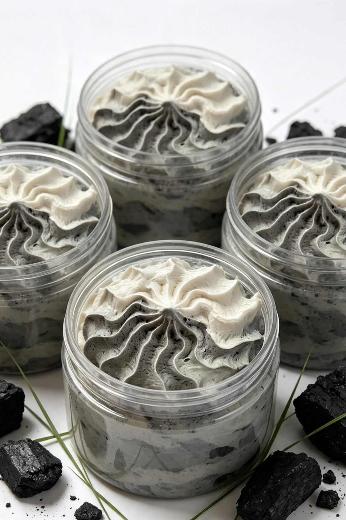 Four clear plastic jars filled with a swirled gray and off-white whipped dessert, arranged on a white surface with scattered black charcoal pieces and a few thin green sprigs.