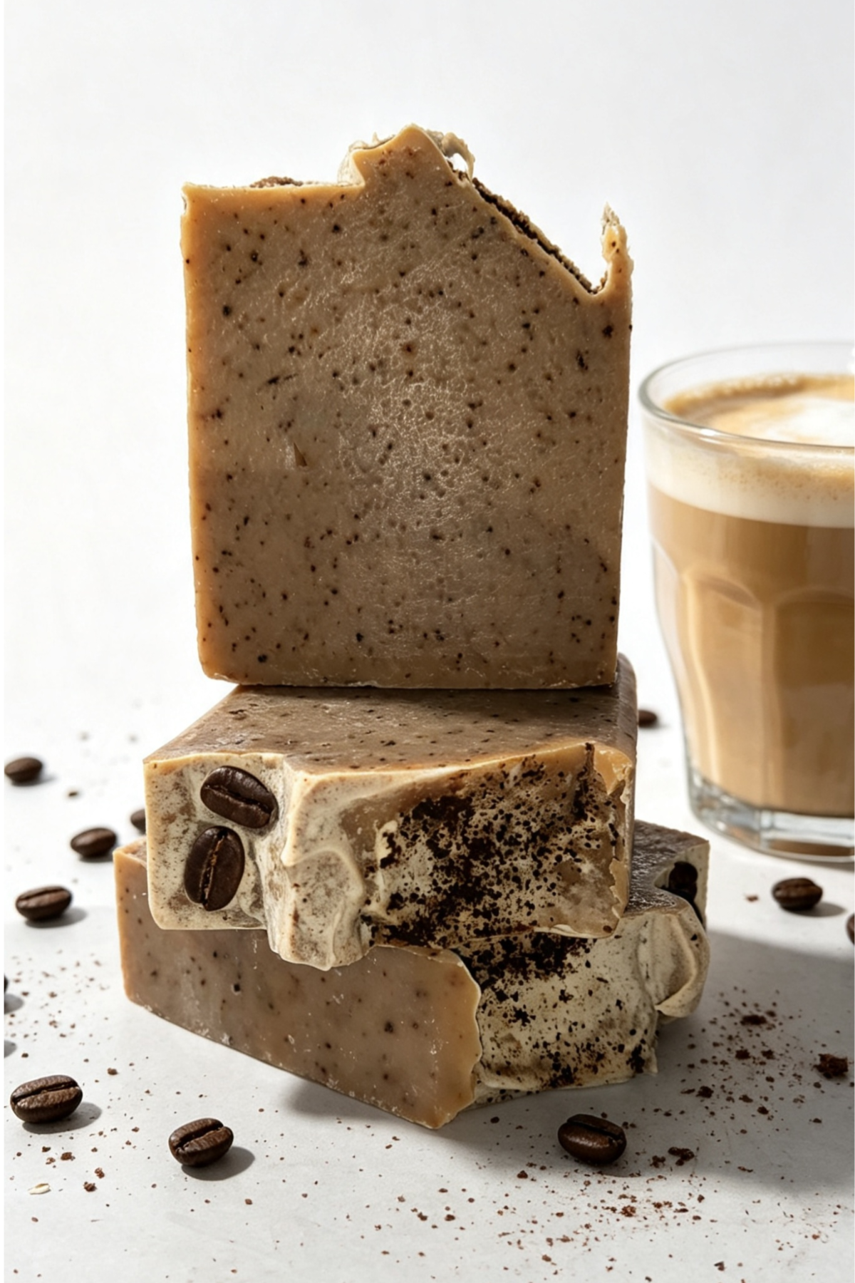 Three stacked bars of coffee-flavored soap on a white surface, with coffee beans scattered around and a glass of latte foam in the background.