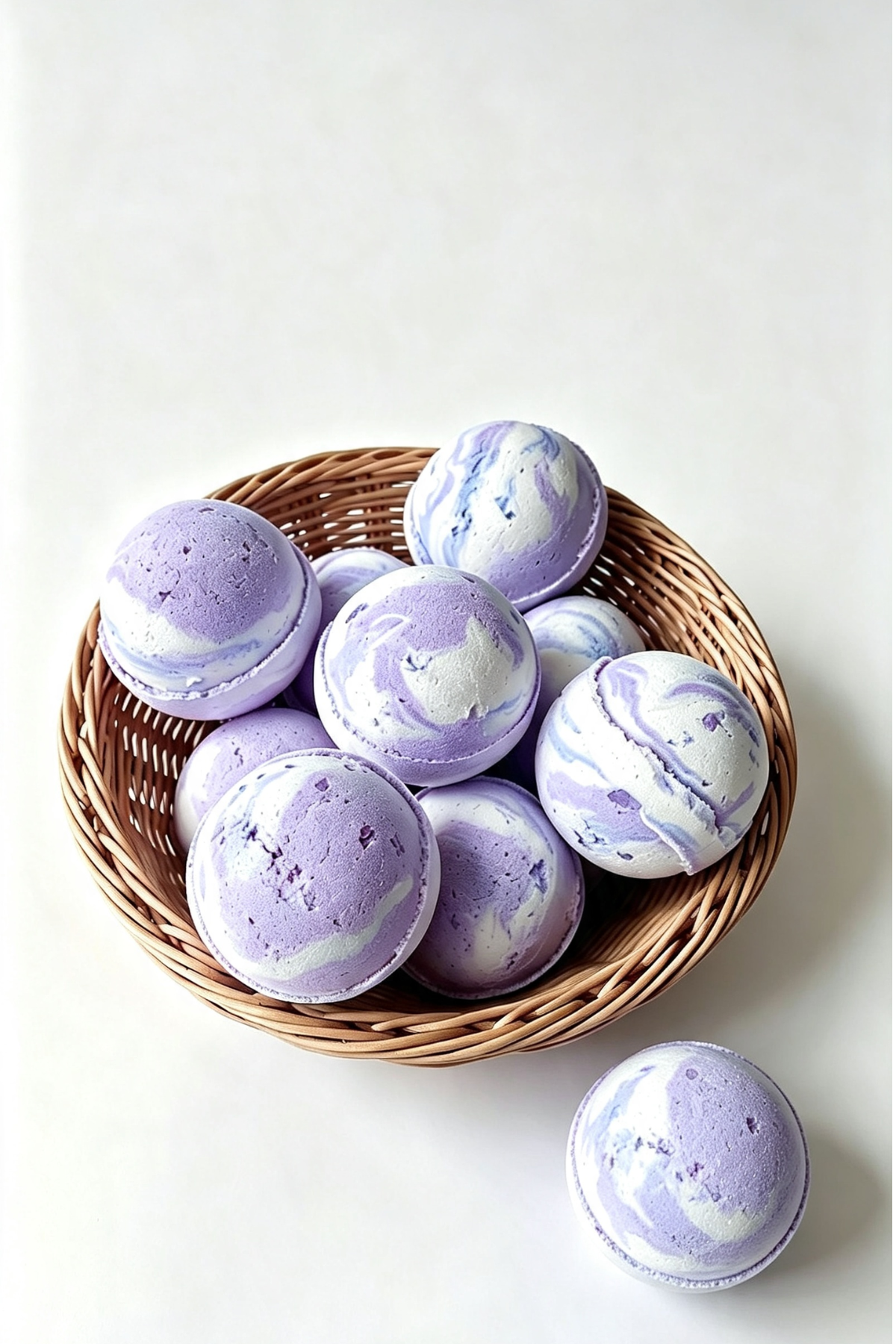 Purple and white marbled bath bombs arranged in a round woven wicker basket on a clean white background, with one bath bomb placed outside the basket.