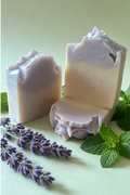 Lavender Mint natural soap bar by The Clean Theory Soap Co, chunky soap with a beautifully textured lavender and purple clay top.