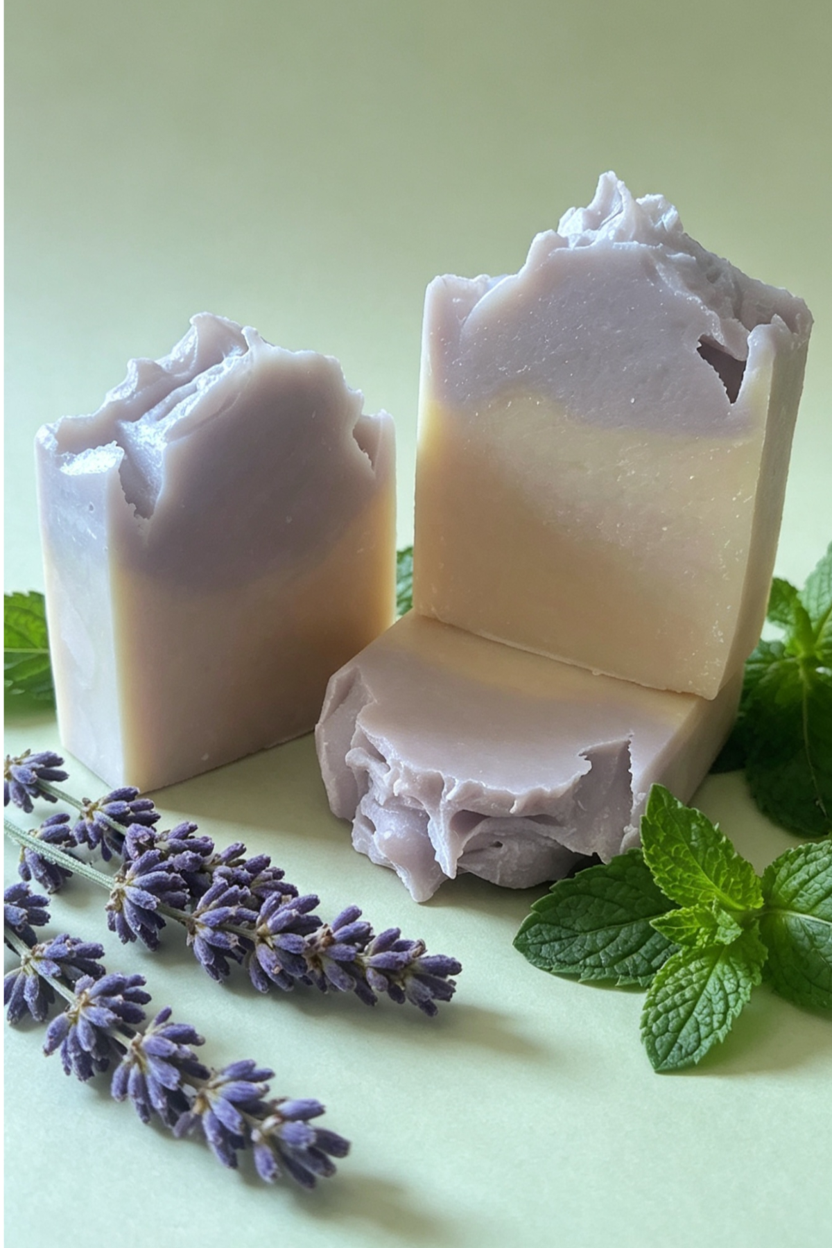 Lavender Mint natural soap bar by The Clean Theory Soap Co, chunky soap with a beautifully textured lavender and purple clay top.