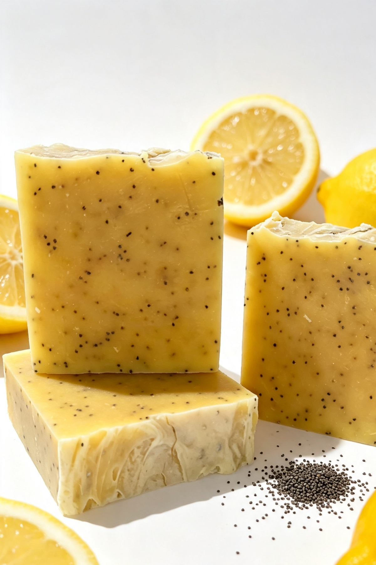 1.	Lemon & Poppyseed natural soap bar by The Clean Theory Soap Co. a chunky bar  square bar, yellow with poppyseeds throughout.