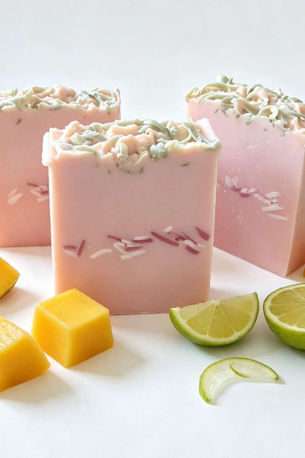 Three pink rectangular bars of soap with green and white textured tops and pink/red inclusions, arranged on a white surface with lime wedges and yellow fruit pieces around them.