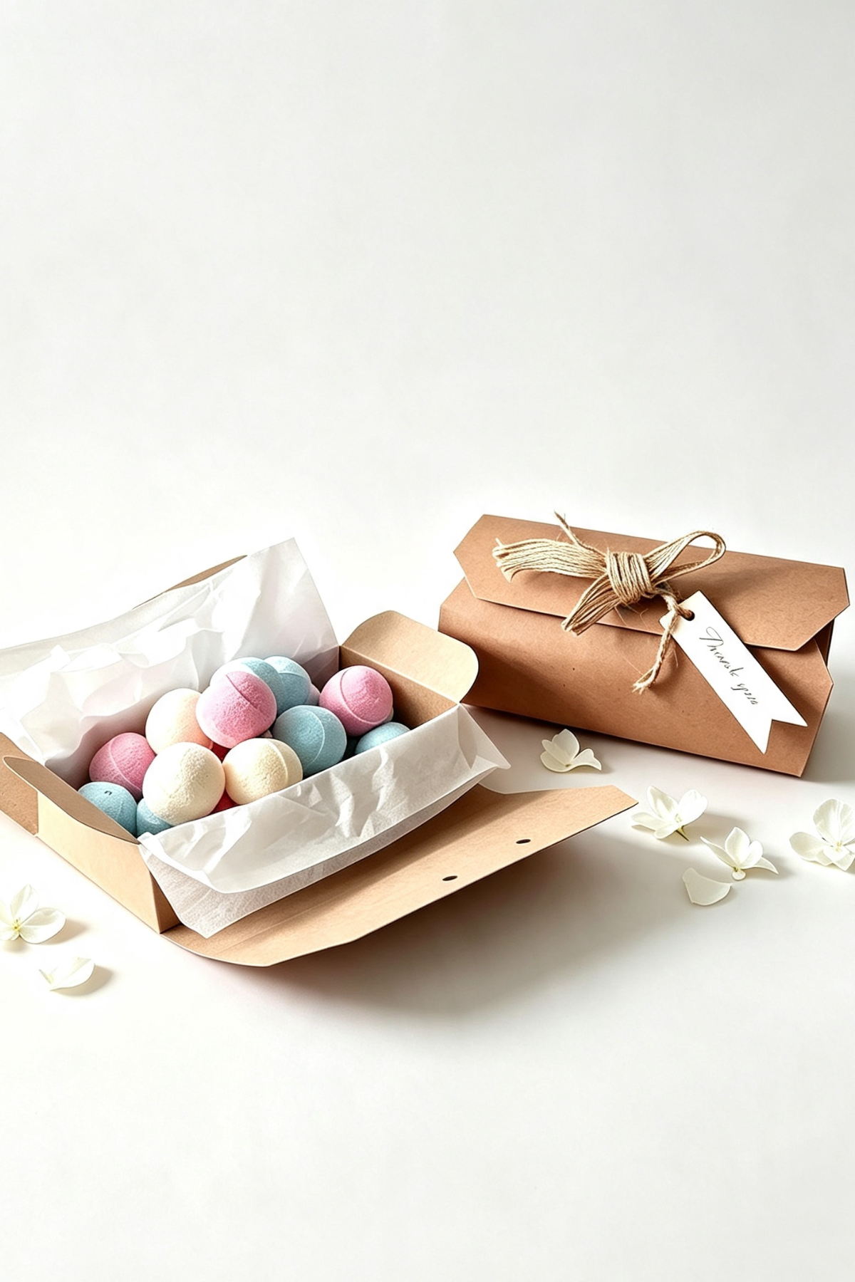 2 Kraft boxes one open with with 20 mini multi colours of round bath bombs next to in the closed packaged box with Hemp ribbon and a thank you label very rustic item on a white background 