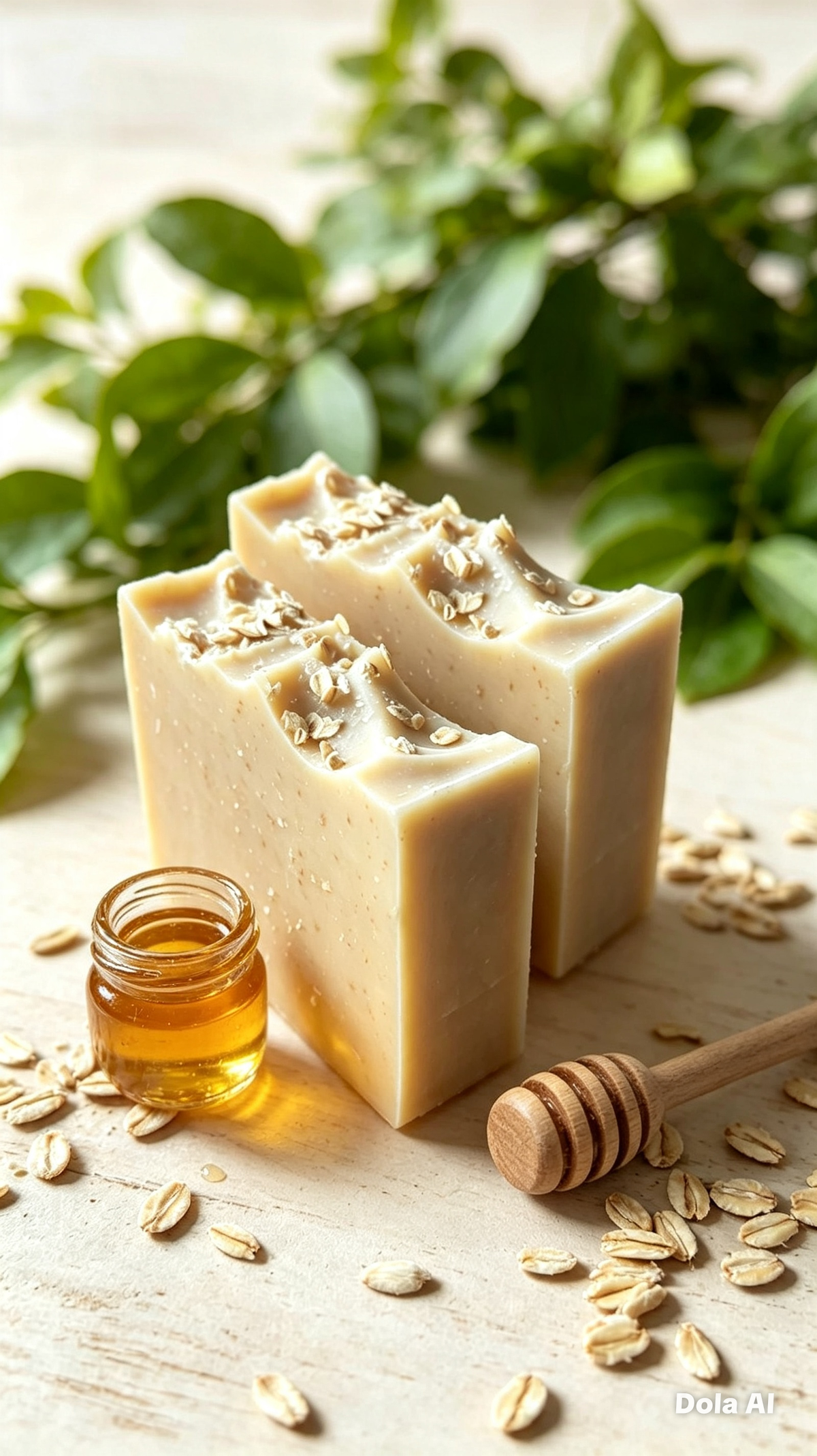 Two rectangular bars of oatmeal-colored handmade soap topped with rolled oats, displayed on a light wooden surface with scattered oats, a small glass jar of honey, a wooden honey dipper, and green leaves in the background.