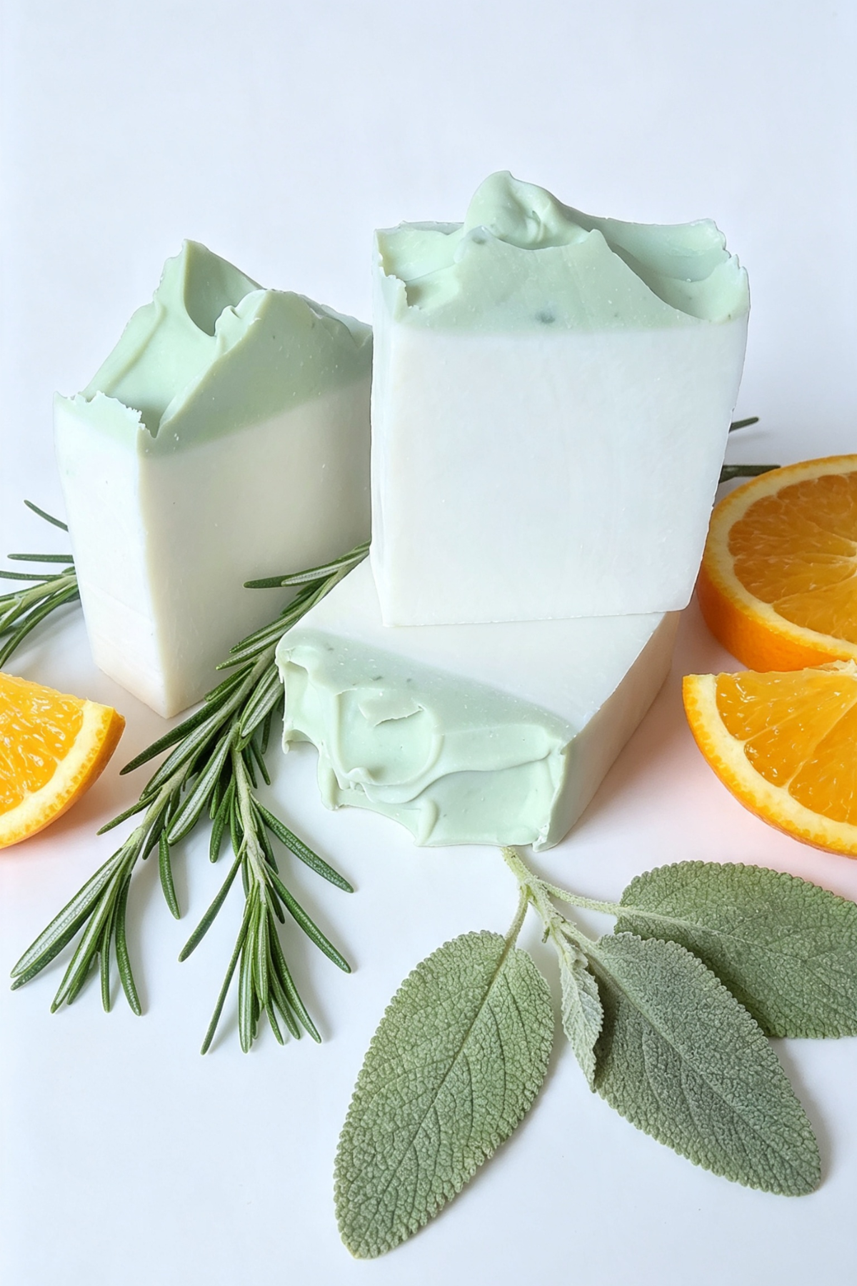 Three bars of handmade soap in white and pale mint green, styled with rosemary sprigs, sage leaves, and orange slices on a clean white background.