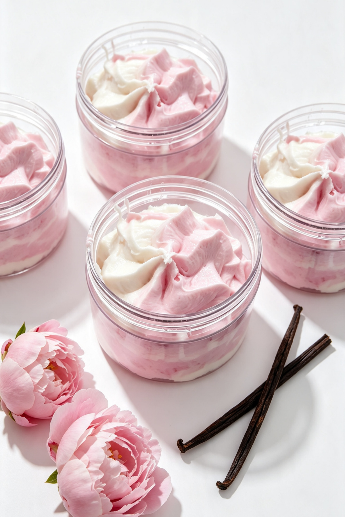 Four clear jars filled with pink and white whipped cream or buttercream, arranged on a white surface with pink flowers and two vanilla beans.