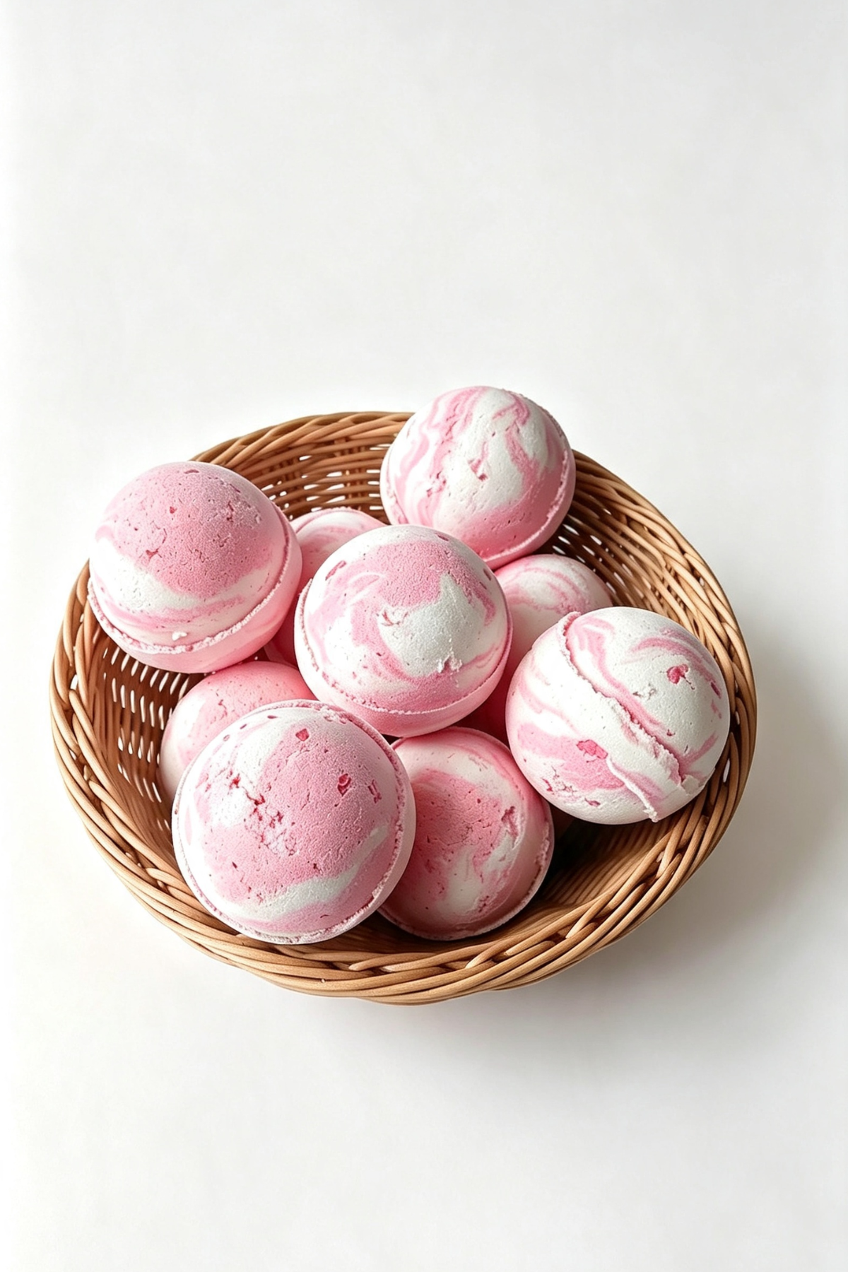 Pink and white marbled bath bombs arranged in a small woven wicker basket on a clean white background.