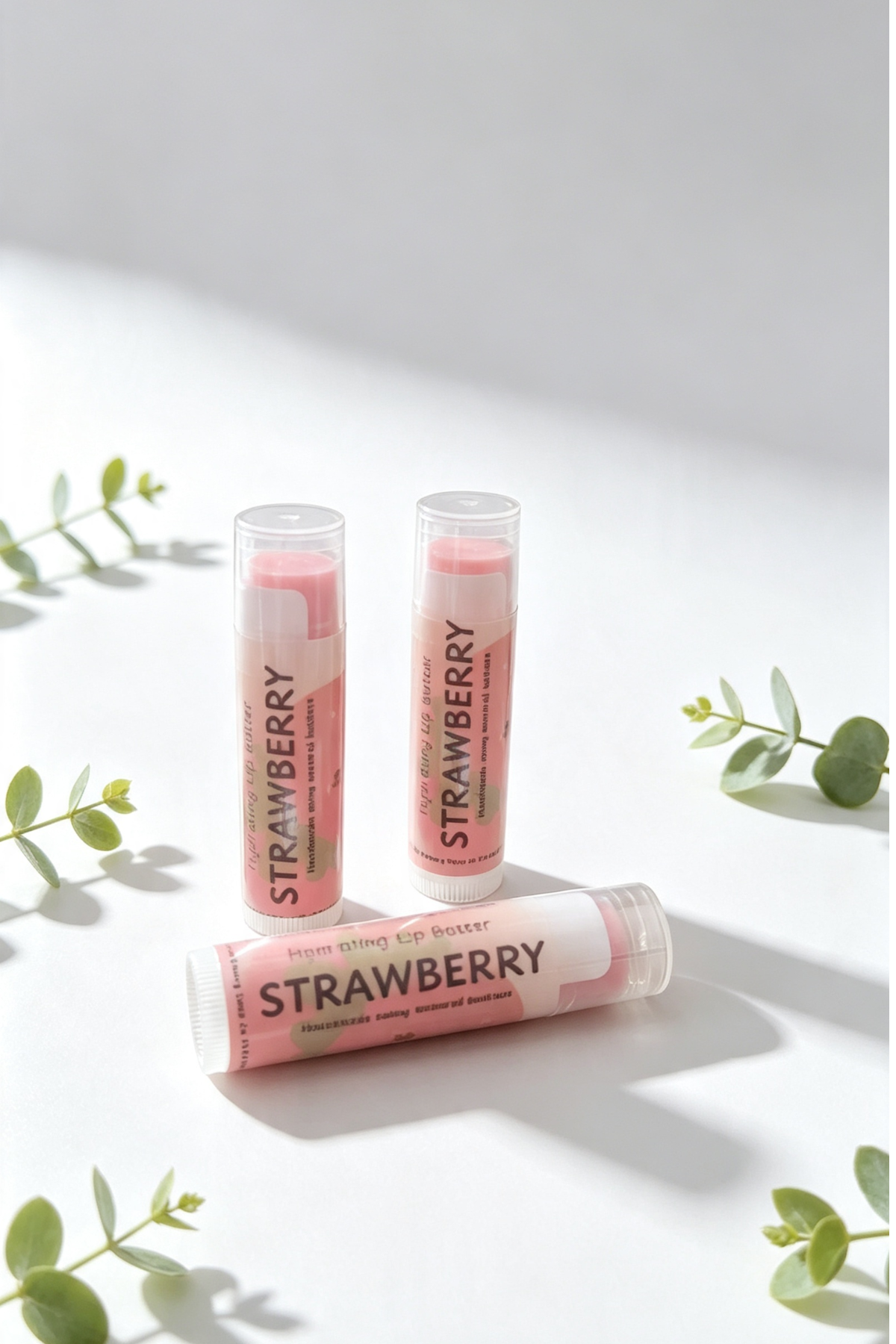 3 lip balm sticks on a white background surrounded by sprigs of green leaves