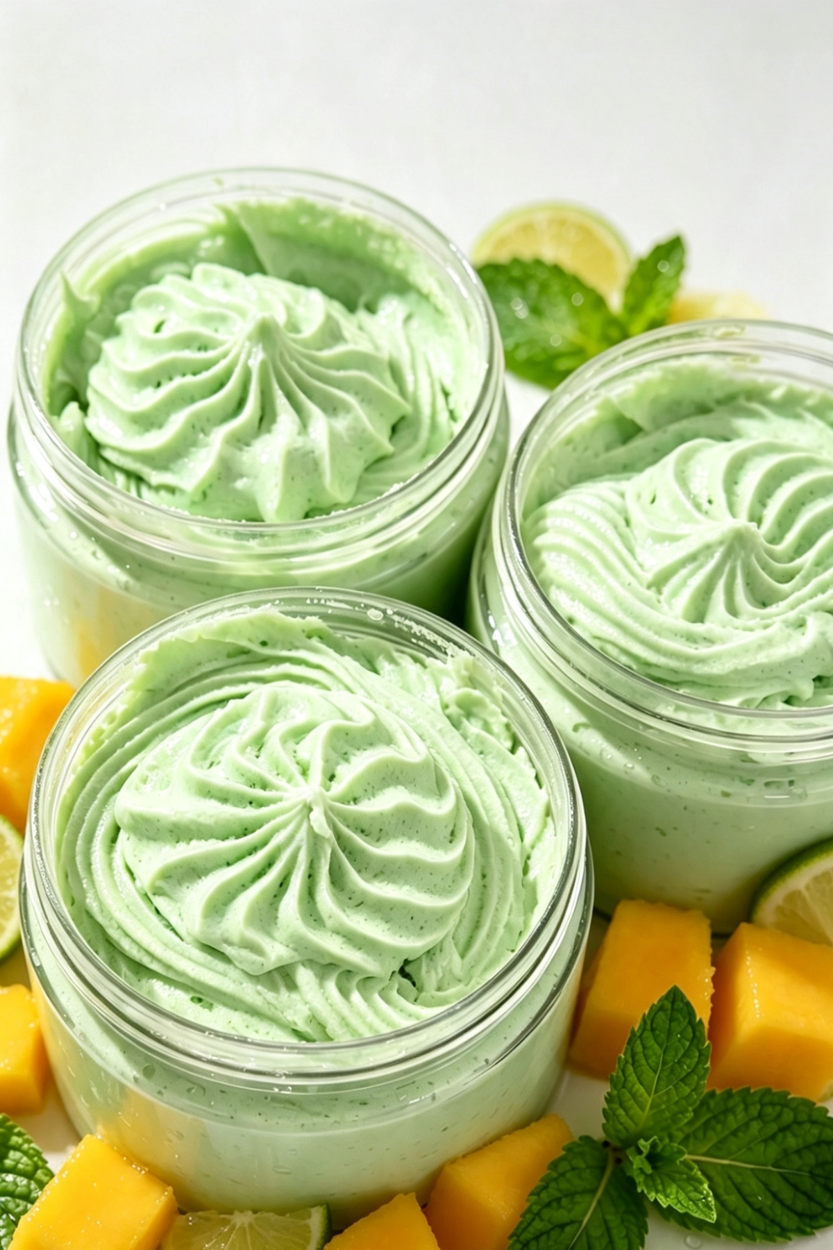 Three clear glass jars filled with light green whipped cream or mousse, arranged with sliced mango, lime, and mint leaves on a white background.