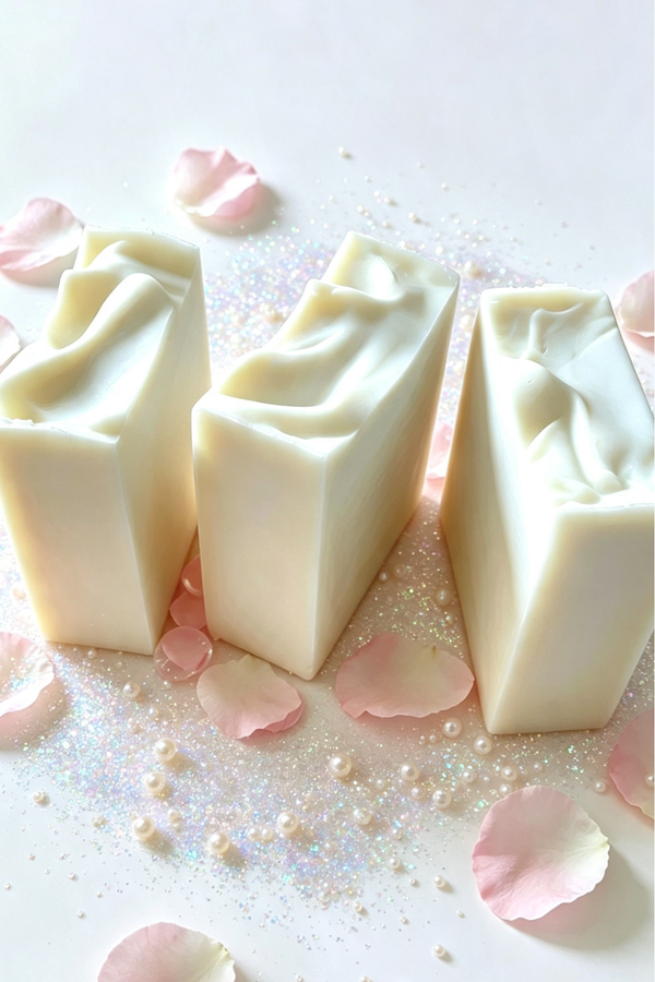 Three rectangular bars of creamy off-white soap standing upright on a light surface, surrounded by scattered pink rose petals and iridescent glitter.