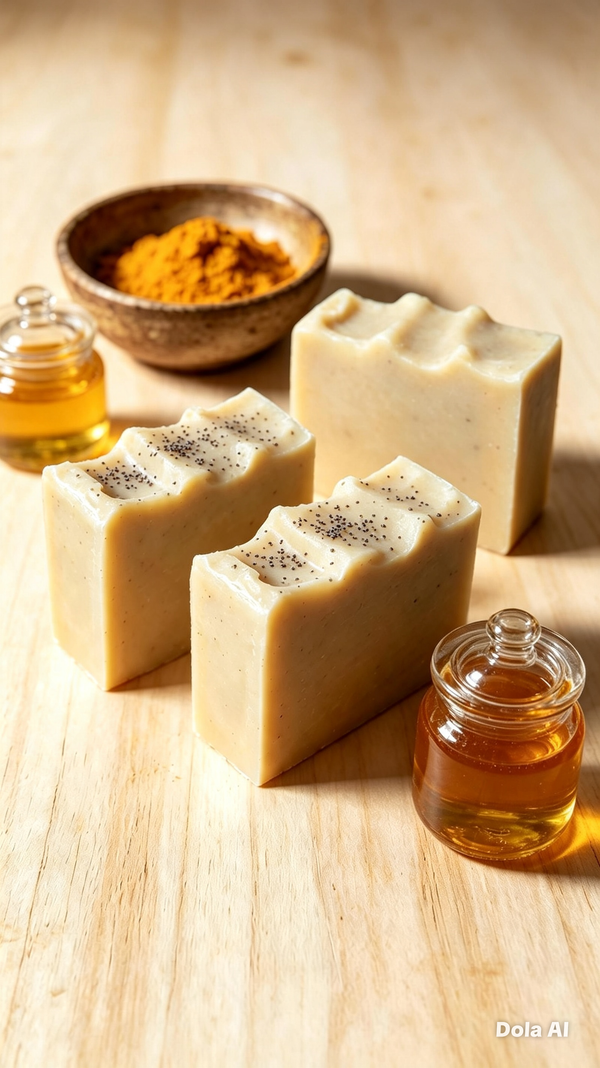 3 bars on a light wooden surface with 2 jars of raw honey and a small clay bowl of powdered turmeric