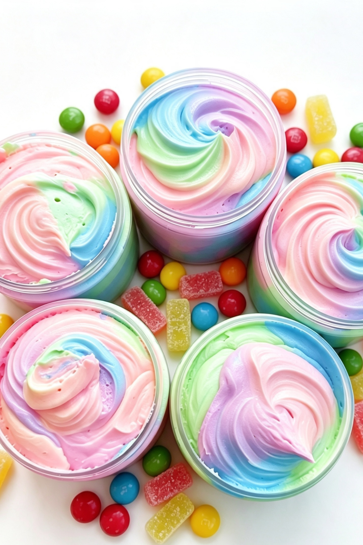 Five clear jars filled with pastel rainbow whipped cream or frosting, arranged on a white surface and surrounded by colorful candy pieces.
